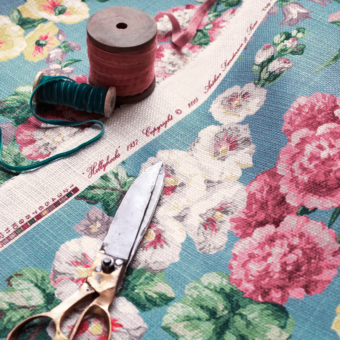 Hollyhocks Teal/Ruby Fabric by SAN